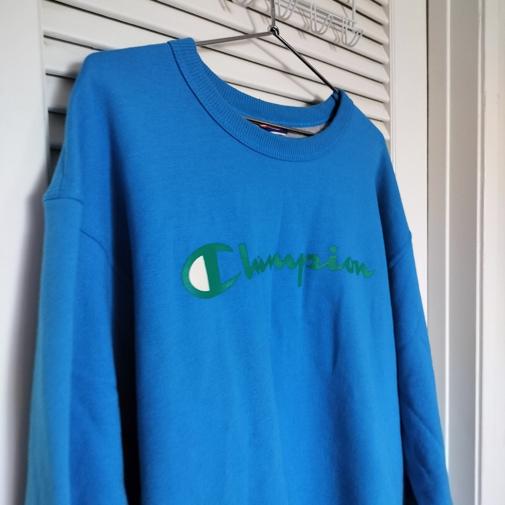 Champion Sweatshirt Mens XL Blue Fleece Script Logo Crewneck 50/50 Cotton/Poly